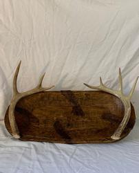 Wooden Bread Bowl with Resin Deer Antlers and Leather Strips 202//250